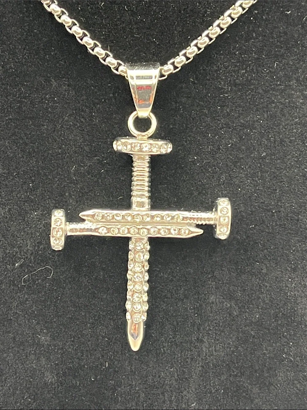 24”, Stainless Steel Crystal Nail Cross Pendant Necklace - Unbranded